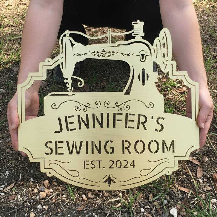 Custom Name Sewing Room Decor Personalized Metal Sign Gold