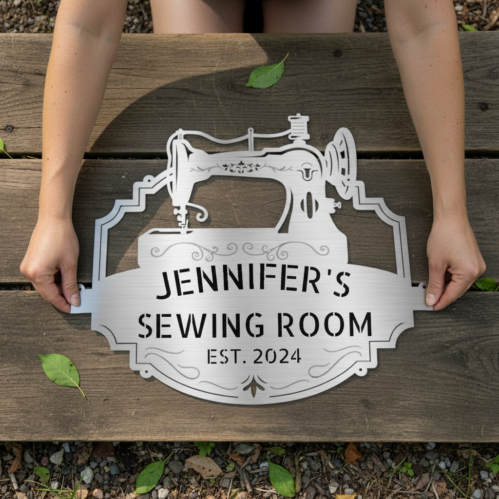 Custom Name Sewing Room Decor Personalized Metal Sign Silver