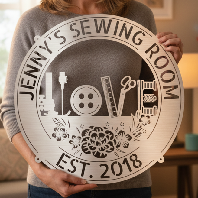 Sewing Love - Personalized Metal Sign for Sewing Room Decor Silver