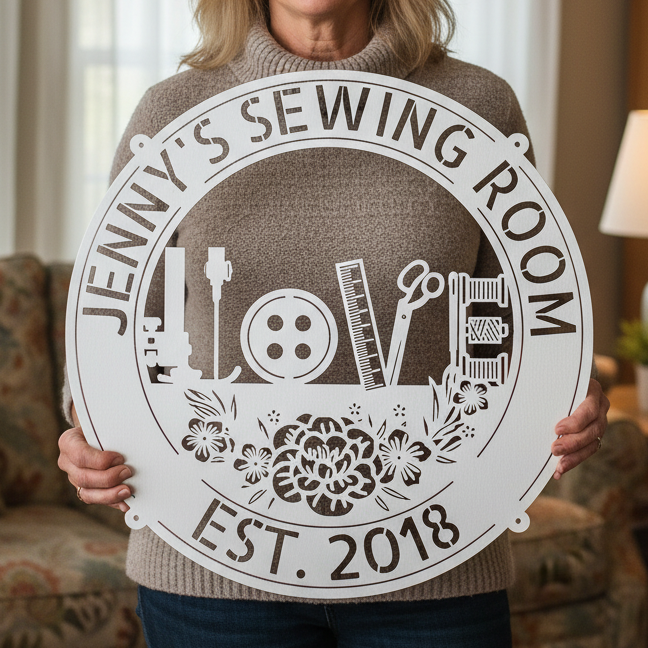 Sewing Love - Personalized Metal Sign for Sewing Room Decor White