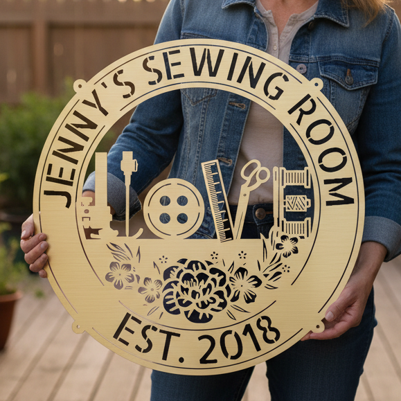 Sewing Love - Personalized Metal Sign for Sewing Room Decor Gold