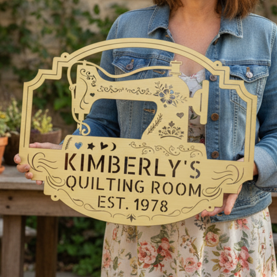 Custom Sewing & Quilting Room Metal Sign - Wall Decor Gold