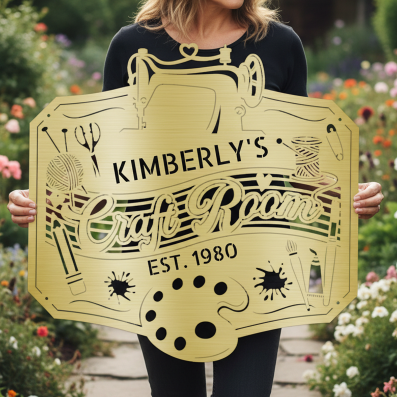 Craft Room Custom Metal Sign – Tailored for Sewing, Quilting, or Crochet Gold