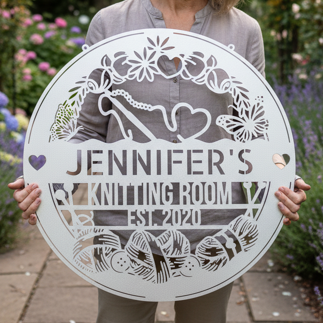 Custom Metal Wall Art - Personalized Crochet Sign White