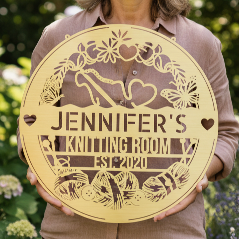 Custom Metal Wall Art - Personalized Crochet Sign Gold