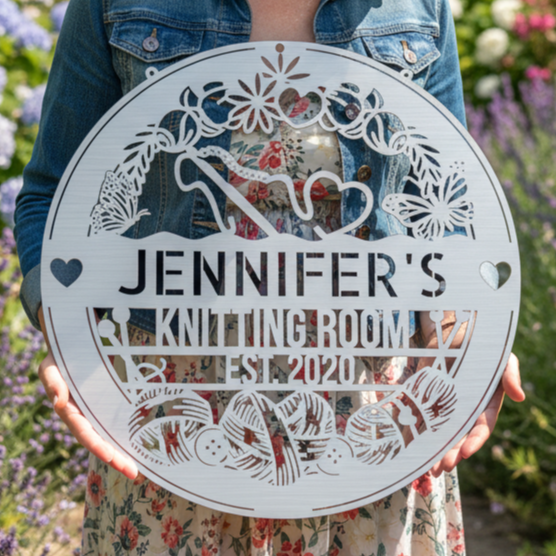 Crochet Craft Room Custom Metal Sign – Unique Decor for Yarn Lovers Silver