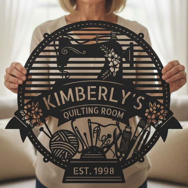 Custom Metal Wall Art - Personalized Sewing Room Name Monogram Sign Black