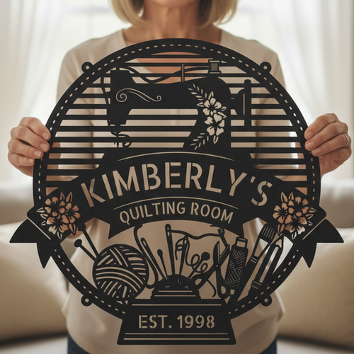 Custom Metal Wall Art - Personalized Sewing Room Name Monogram Sign Black