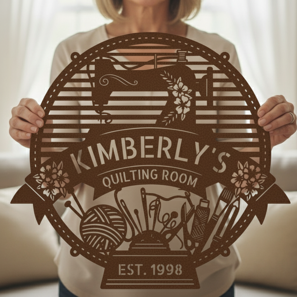 Custom Metal Wall Art - Personalized Sewing Room Name Monogram Sign Copper