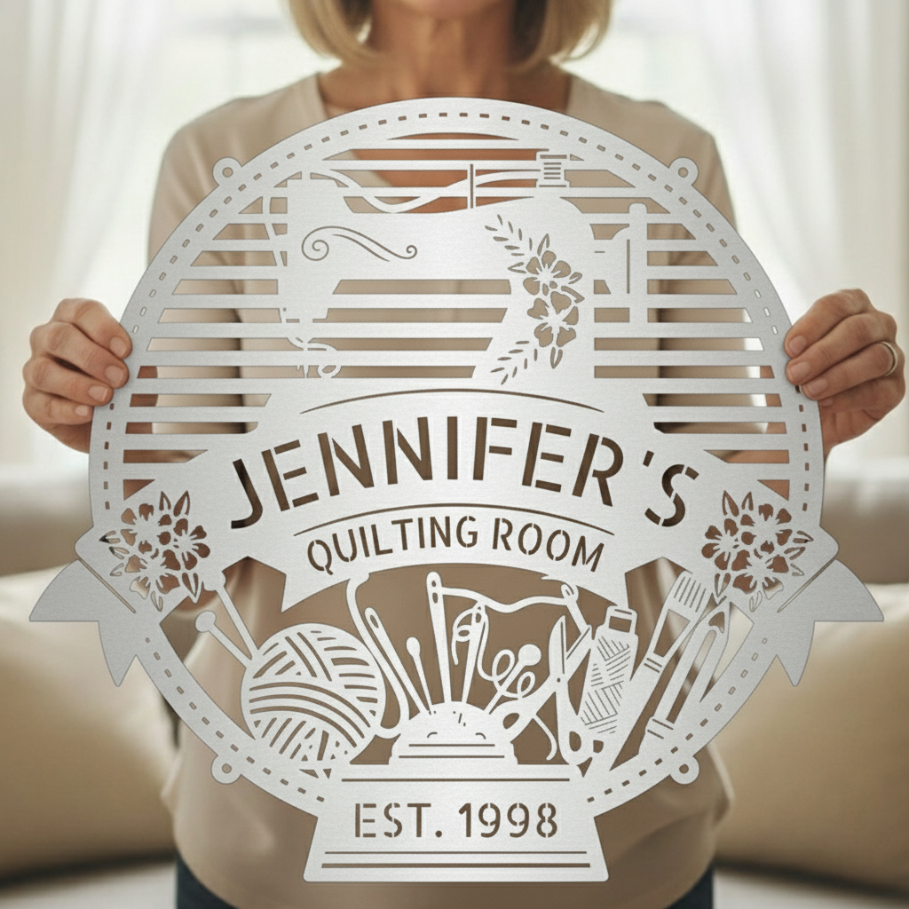 Custom Metal Wall Art - Personalized Sewing Room Name Monogram Sign Silver