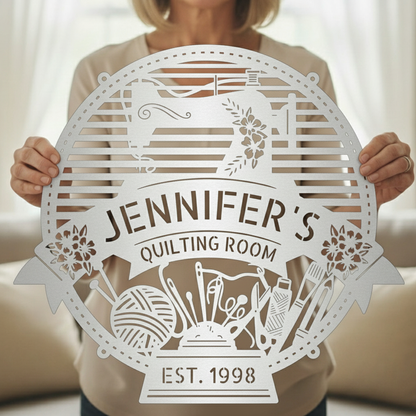Custom Metal Wall Art - Personalized Sewing Room Name Monogram Sign Silver
