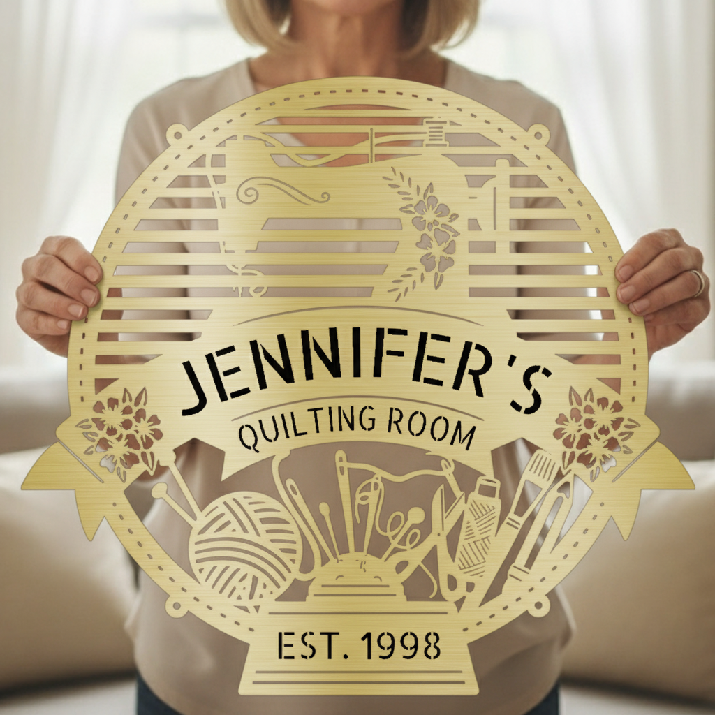 Custom Metal Wall Art - Personalized Sewing Room Name Monogram Sign Gold