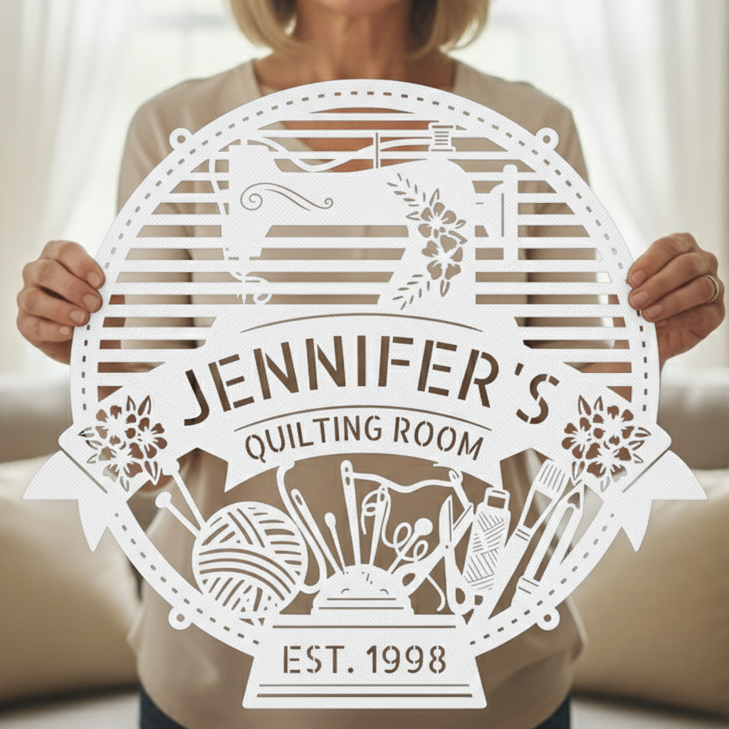 Custom Metal Wall Art - Personalized Sewing Room Name Monogram Sign White
