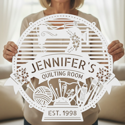 Custom Metal Wall Art - Personalized Sewing Room Name Monogram Sign White