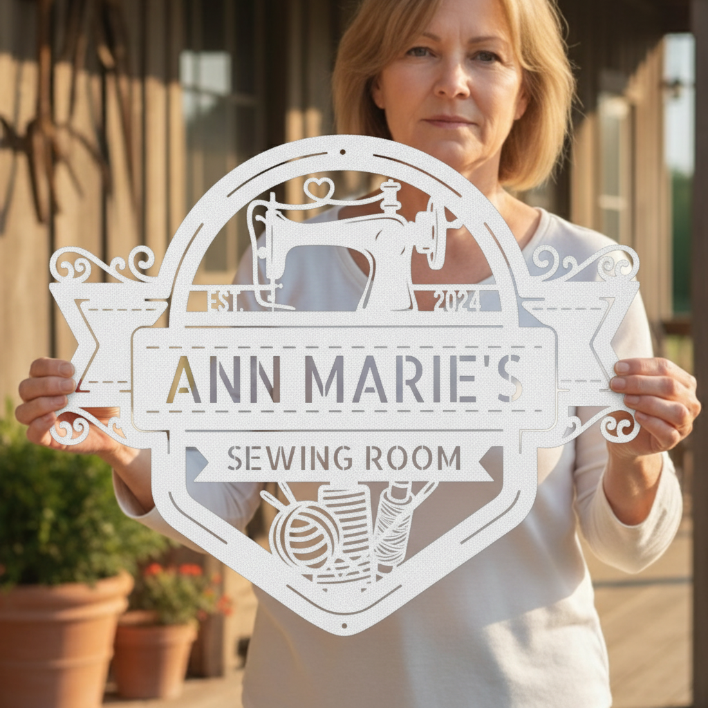 Custom Metal Wall Art - Personalized Sewing Sign White