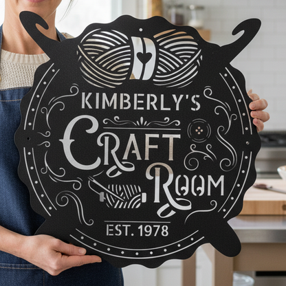 Crochet & Craft Room Custom Metal Sign – Sewing Room Decor Black