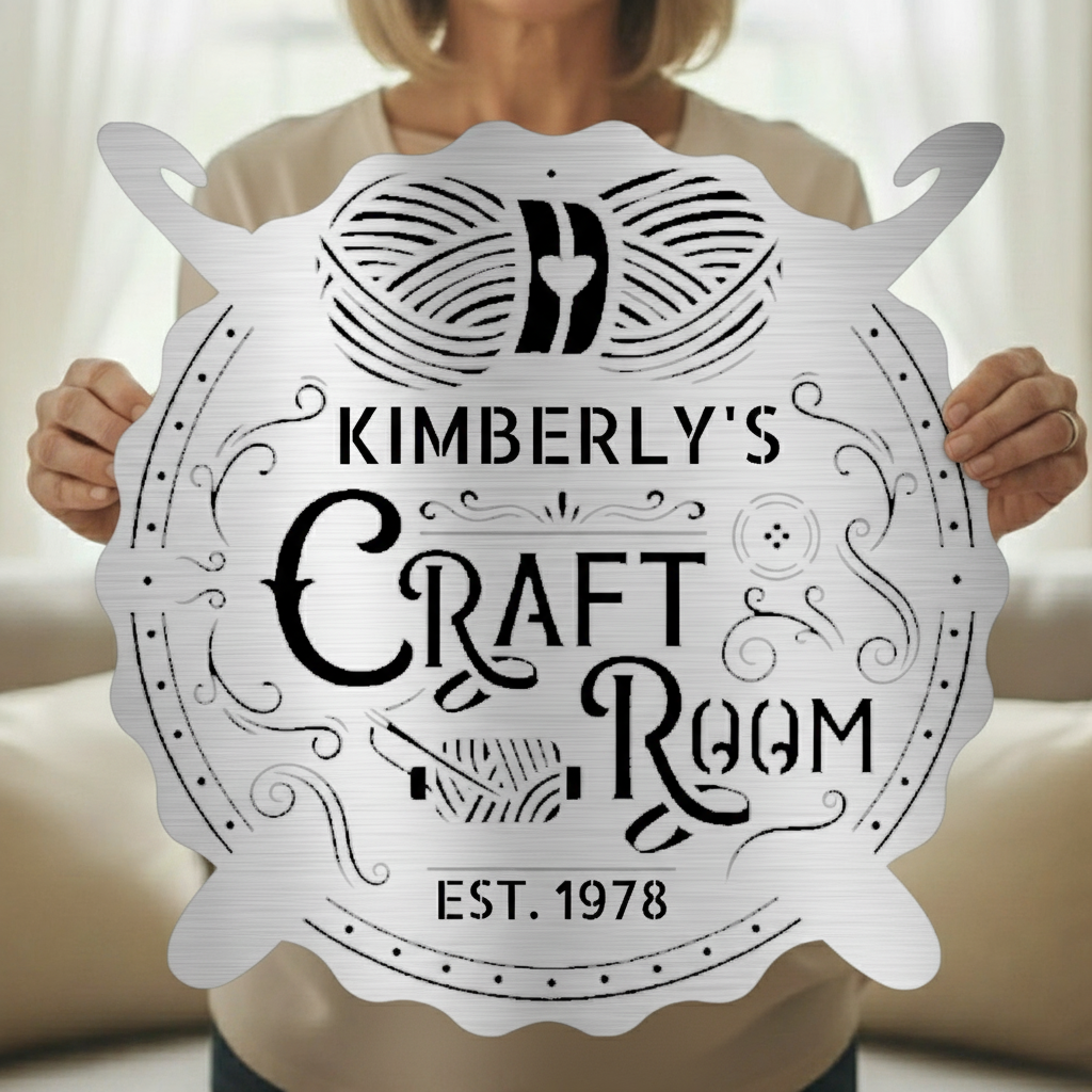 Crochet & Craft Room Custom Metal Sign – Sewing Room Decor Silver