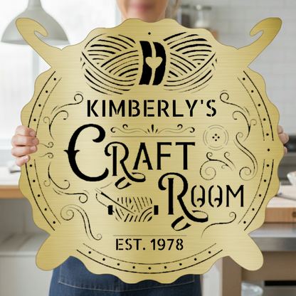 Crochet & Craft Room Custom Metal Sign – Sewing Room Decor Gold