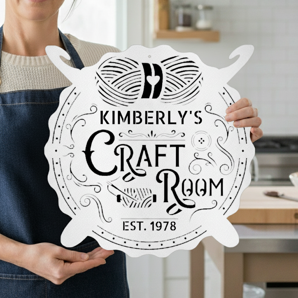 Crochet & Craft Room Custom Metal Sign – Sewing Room Decor White