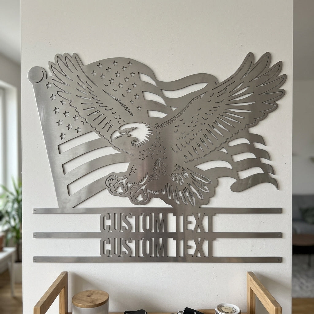 Custom Metal Wall Art - Personalized Text Patriotic Eagle Sign Silver