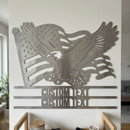 Custom Metal Wall Art - Personalized Text Patriotic Eagle Sign Silver