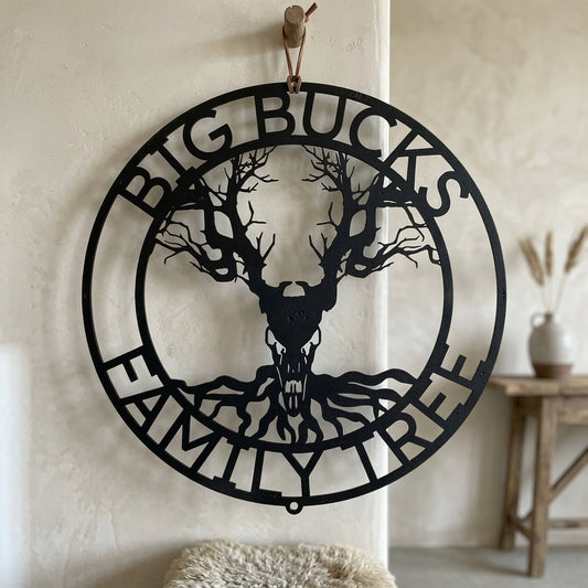 Custom Metal Wall Art - Personalized Skull Tree Monogram Black