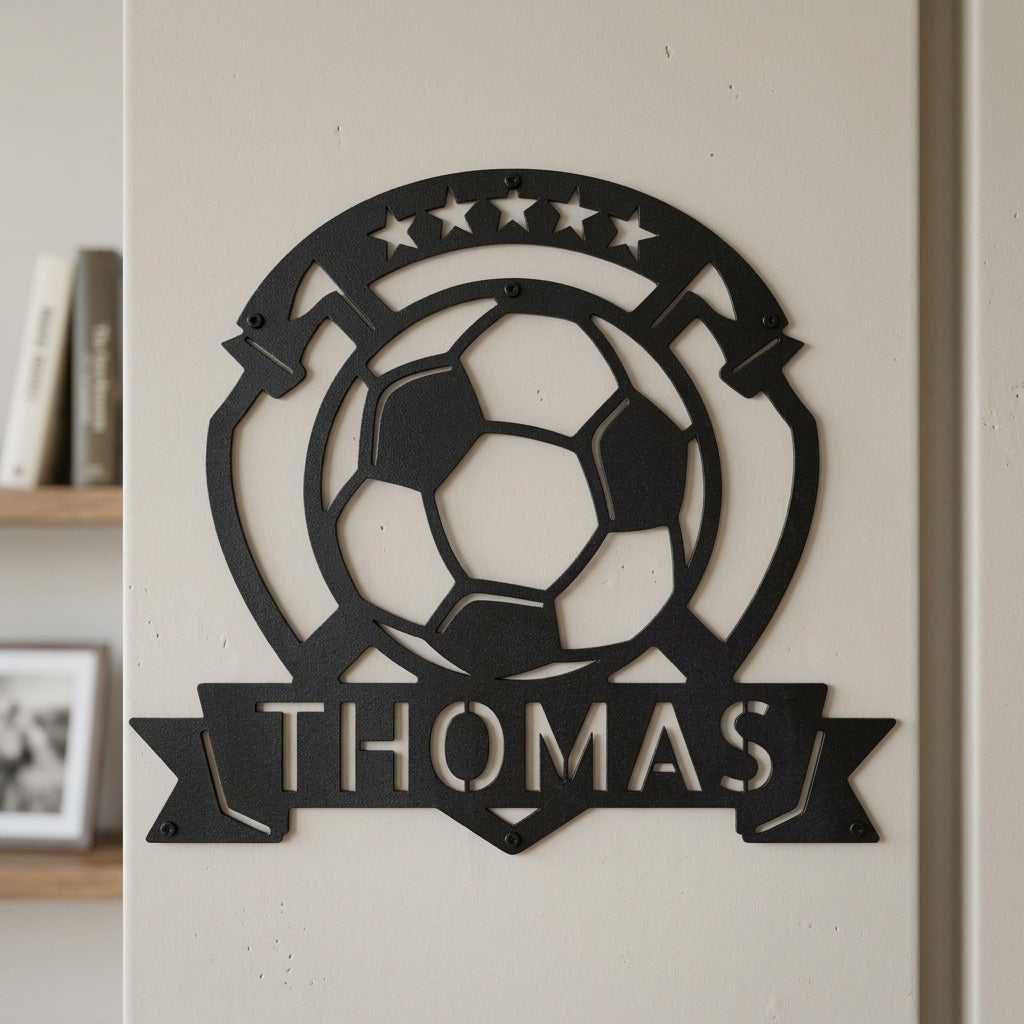 Custom Metal Wall Art - Personalized Soccer Ball Sign Black