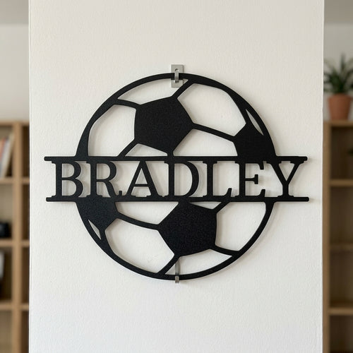 Custom Metal Wall Art - Personalized Soccer Ball Name Sign Black