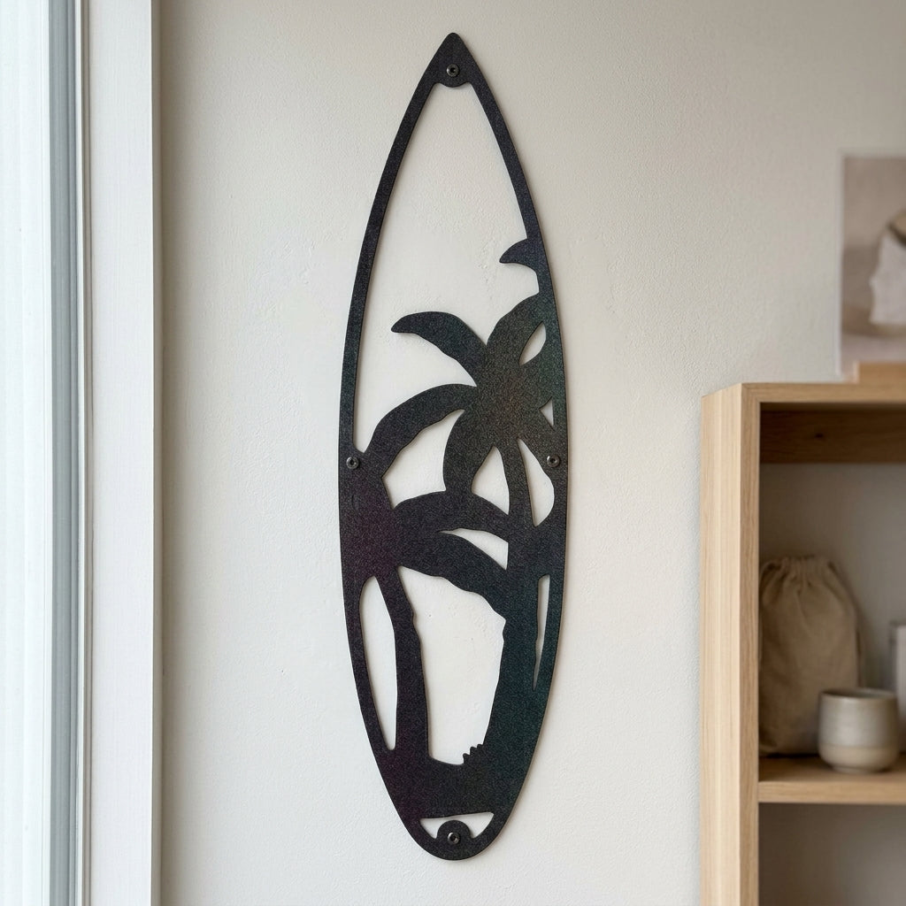 Metal Wall Art - Surfboard Palm Tree Monogram Sign Black