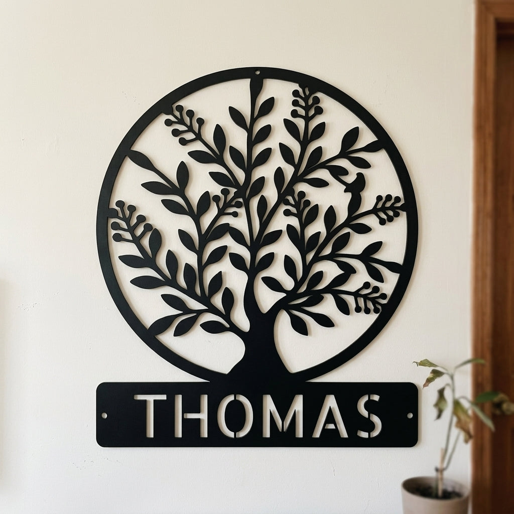 Custom Metal Wall Art - Personalized Tree of Life Name Monogram Sign Black