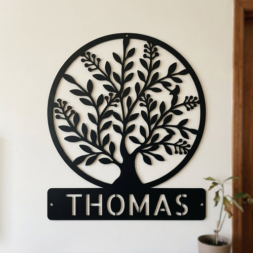 Custom Metal Wall Art - Personalized Tree of Life Name Monogram Sign Black