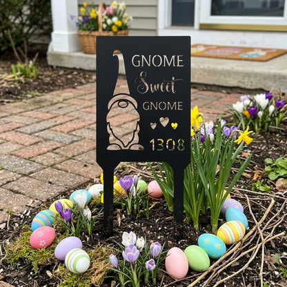 Custom Metal Yard Sign - Personalized Easter Gnome Stake Black 18"