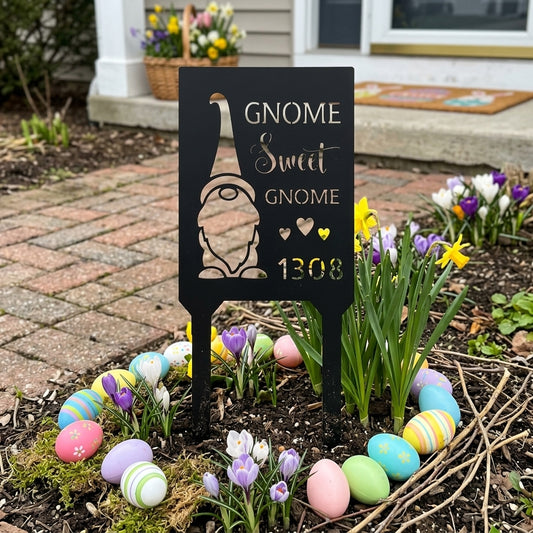 Custom Metal Yard Sign - Personalized Easter Gnome Stake Black 18"