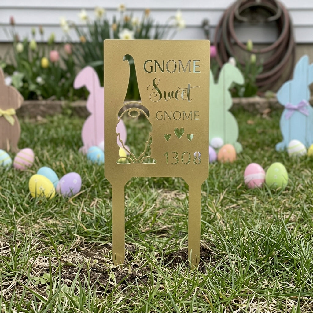 Custom Metal Yard Sign - Personalized Easter Gnome Stake Gold 18"