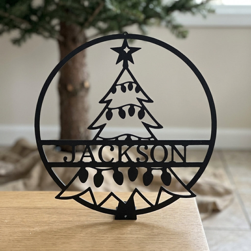 Custom Metal Wall Art - Personalized Christmas Tree Monogram Sign Black