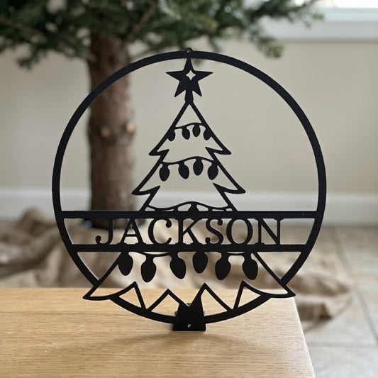 Custom Metal Wall Art - Personalized Christmas Tree Monogram Sign Black
