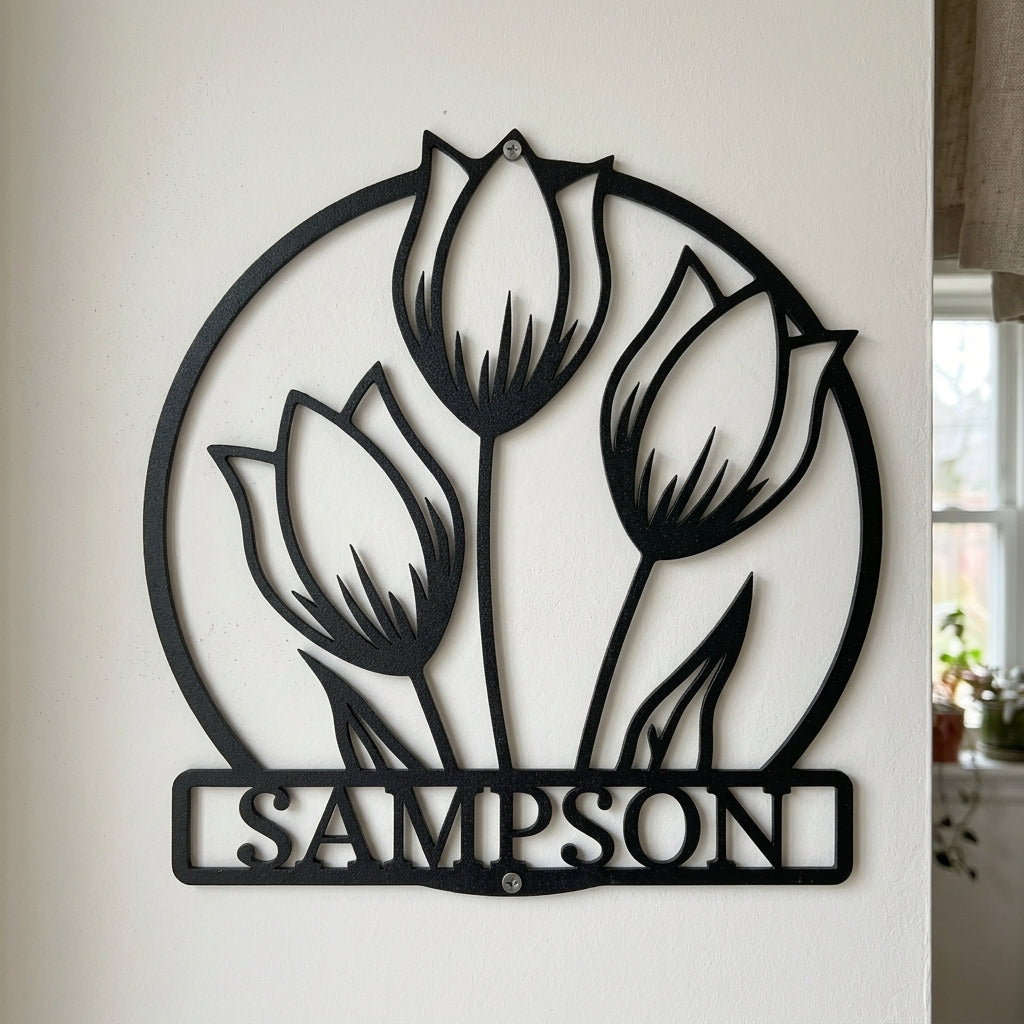 Custom Metal Wall Art - Personalized Tulip Sign Black