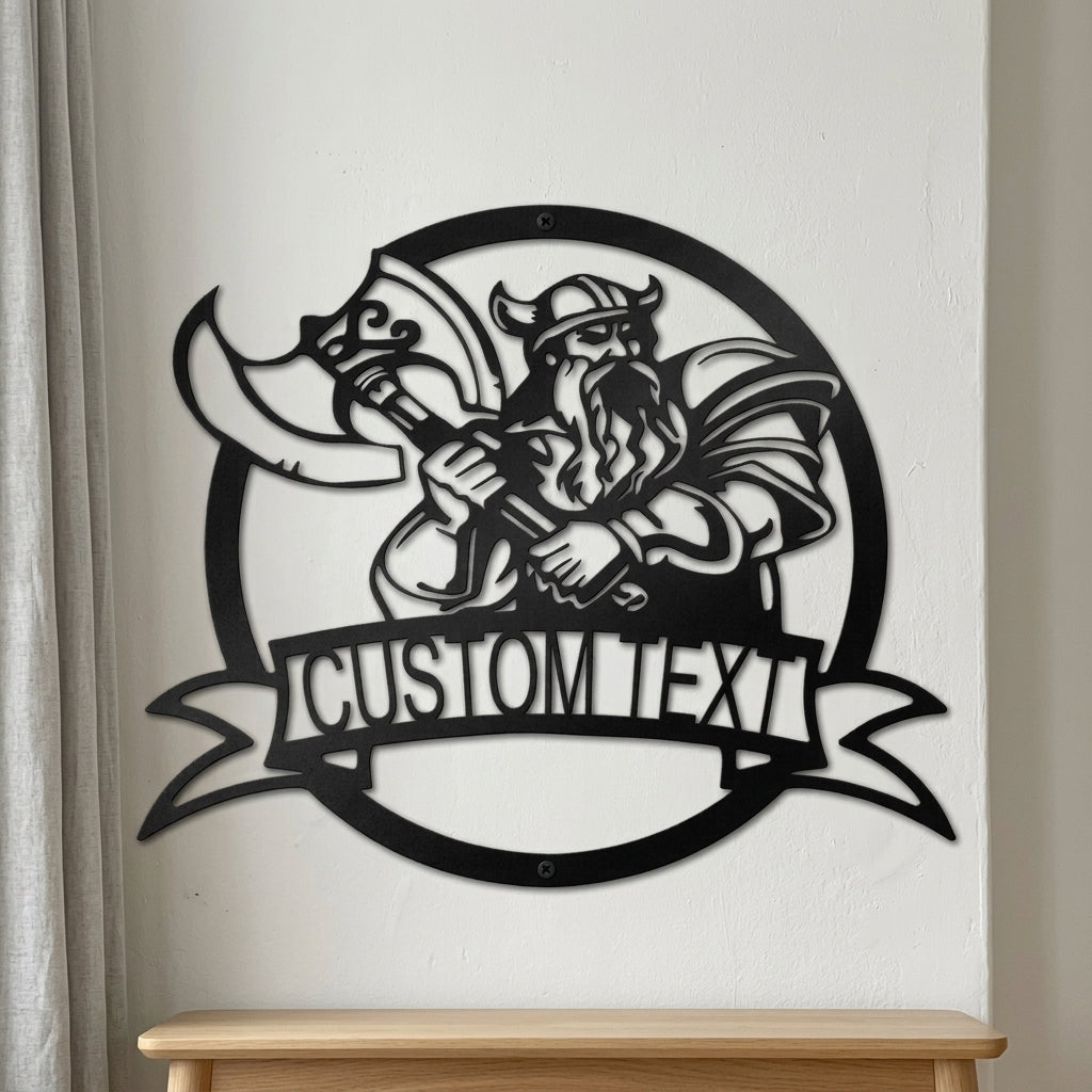 Custom Metal Wall Art - Personalized Viking Warrior Sign Black