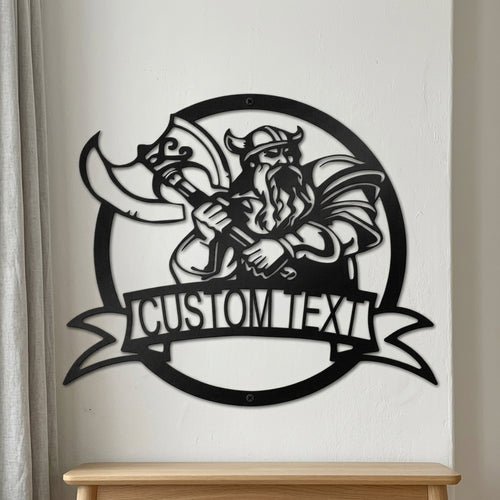 Custom Metal Wall Art - Personalized Viking Warrior Sign Black