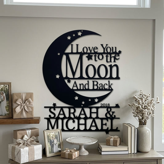 Custom Metal Wall Art - Personalized Moon and Back Monogram Sign Black