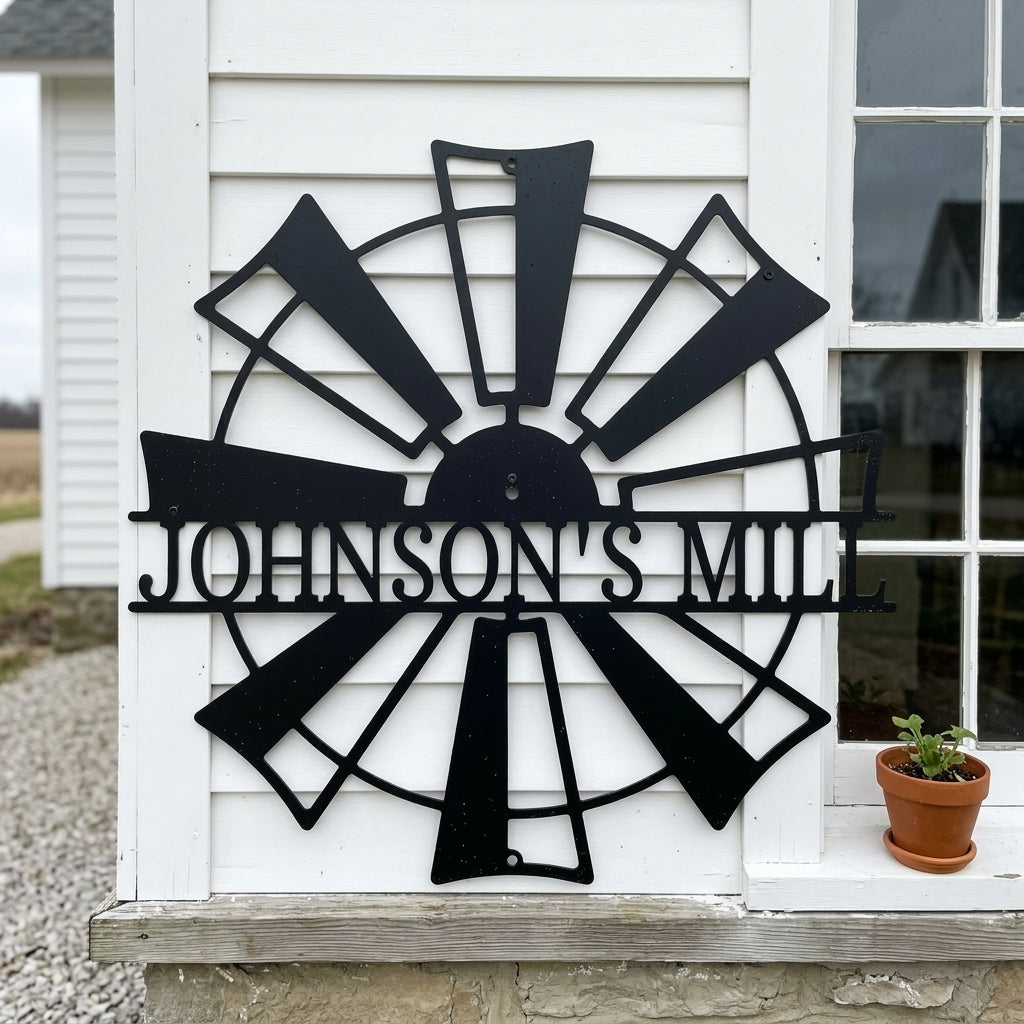 Custom Metal Wall Art - Personalized Farmhouse Windmill Monogram Sign Black