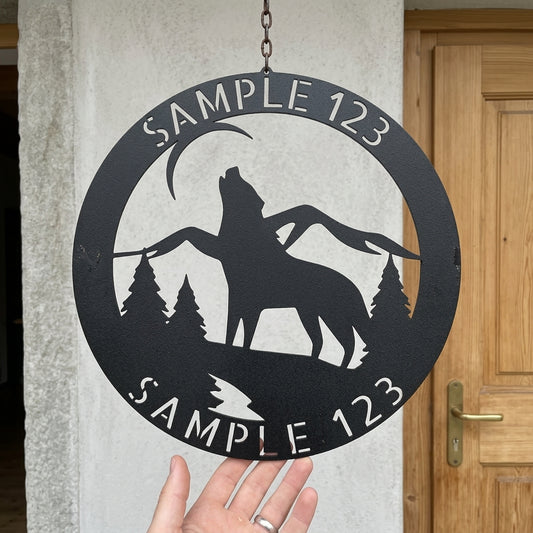 Custom Metal Wall Art - Personalized Howling Wolf Monogram Sign Black
