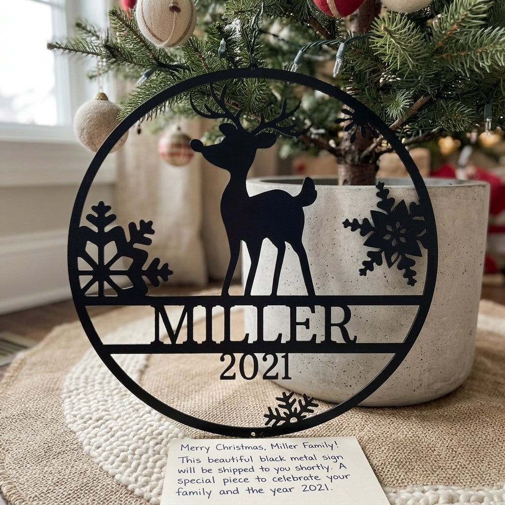 Custom Metal Wall Art - Personalized Reindeer Monogram Sign Black
