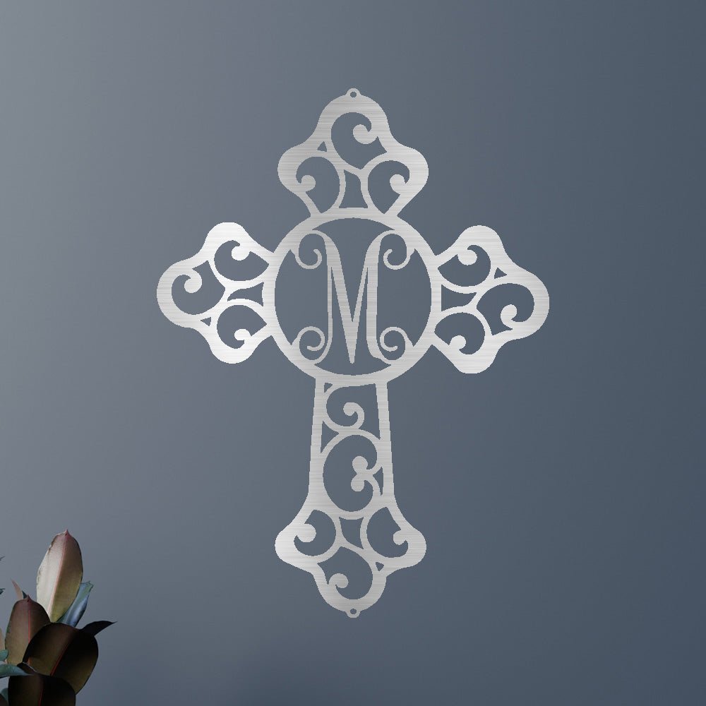 Metal Wall Art Initial Cross Monogram Custom Name Classic Metal Sign - Precious Engraved
