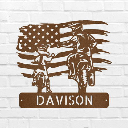 American Father and Son Motocross Family Personalized Gifts - Custom Metal Sign Copper