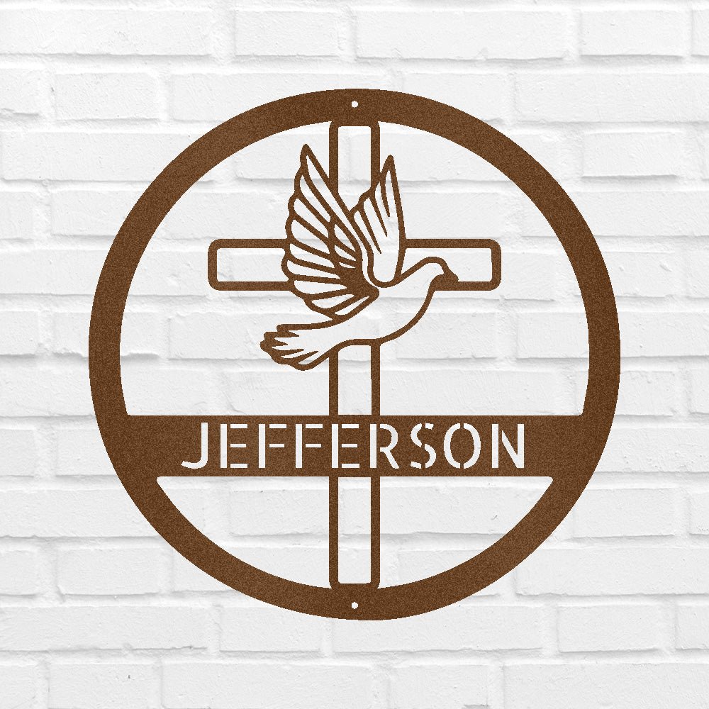 Personalized Dove and Cross Holy Spirit Monogram Metal Wall Art Classic Metal Sign - Precious Engraved