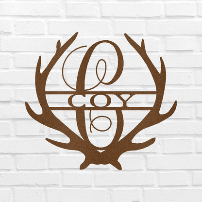 Name Sign - Custom Metal Sign, Antler Artwork, Deer Monogram, Christmas Gift Copper