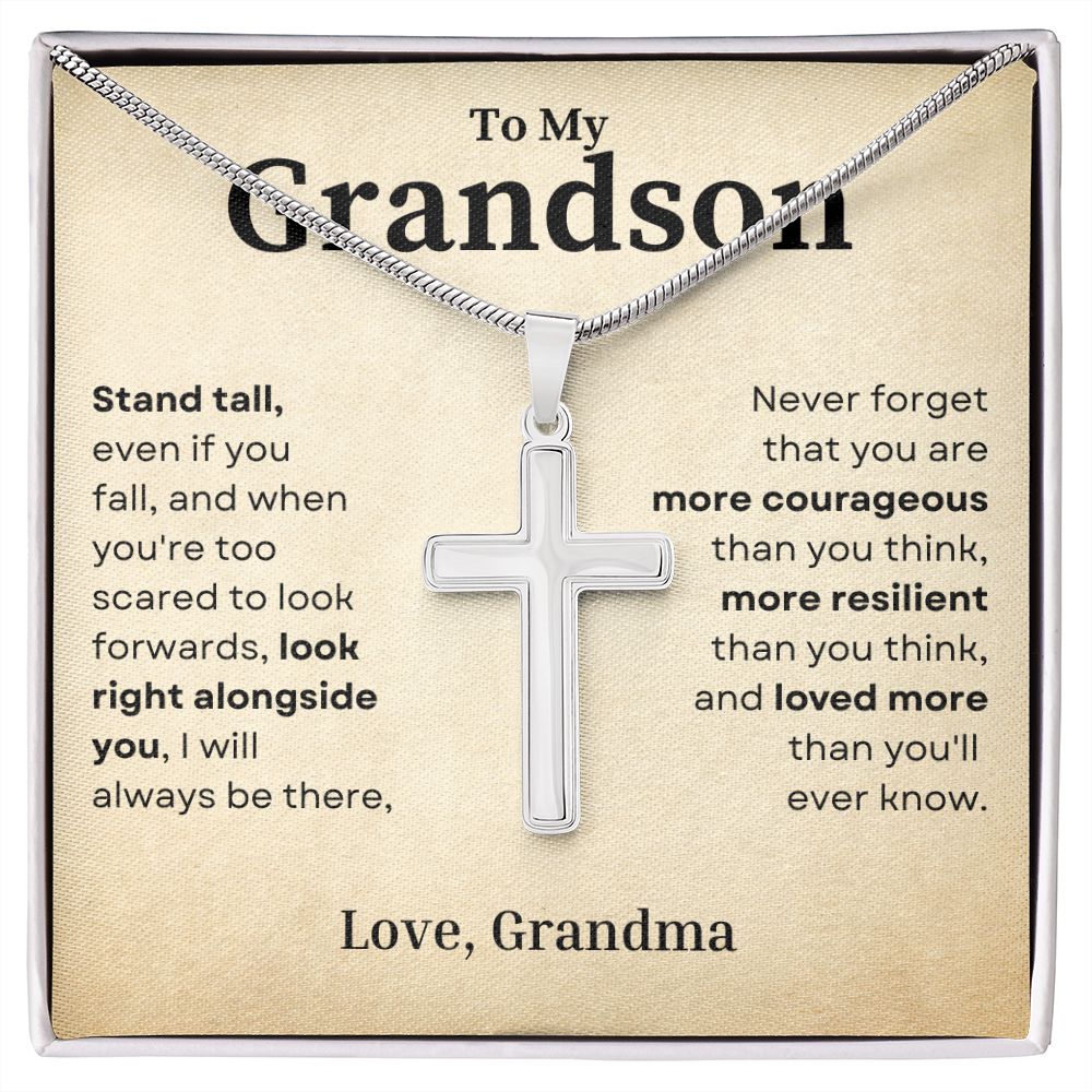 Stand Tall Even If You Fall Crafted Cross Necklace Gift For Grandson From Grandma - Precious Engraved