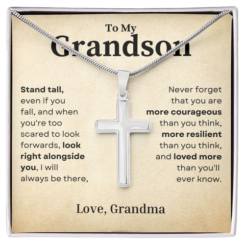 Stand Tall Even If You Fall Crafted Cross Necklace Gift For Grandson From Grandma Two Tone Box
