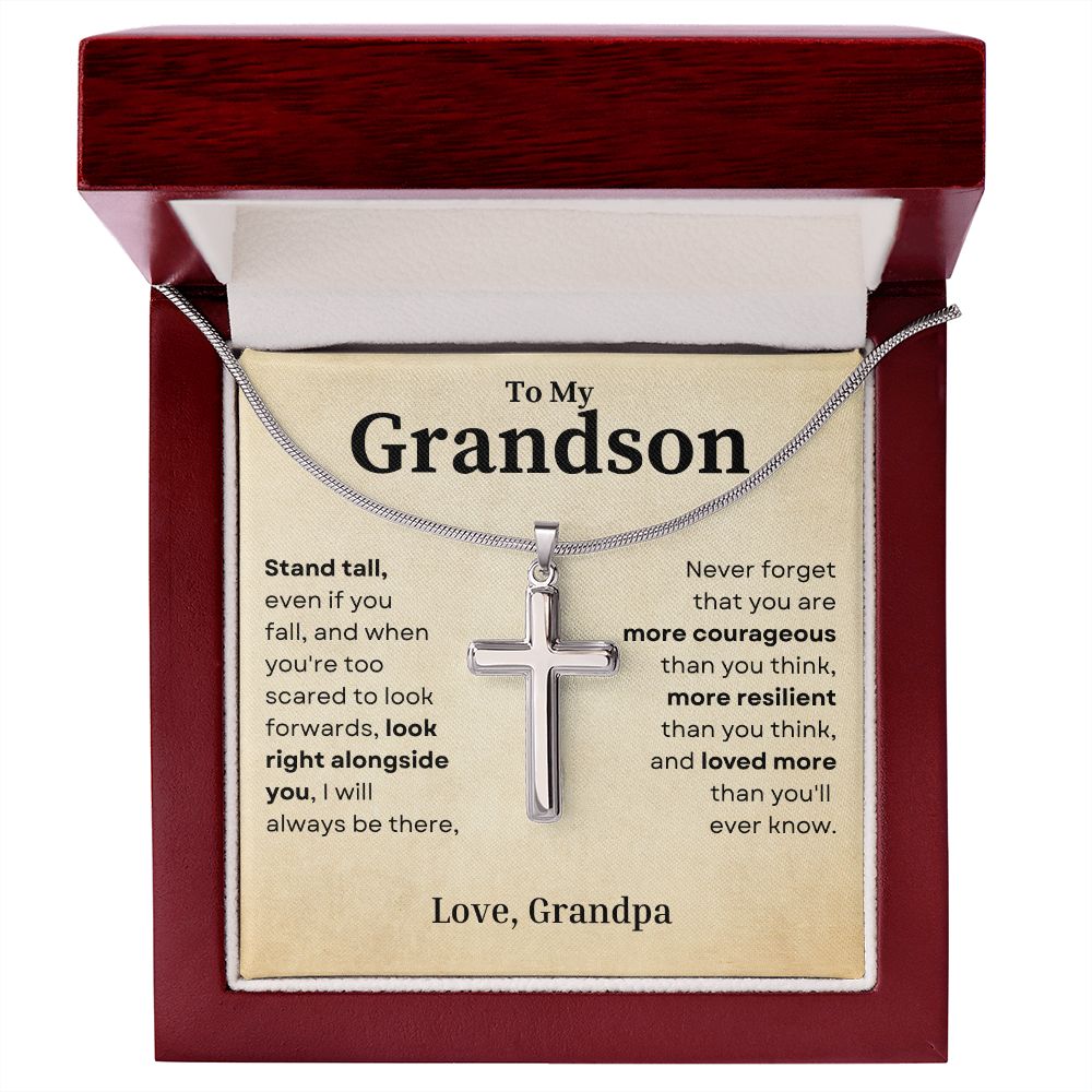 Stand Tall Even If You Fall Crafted Cross Necklace Gift For Grandson From Grandpa - Precious Engraved